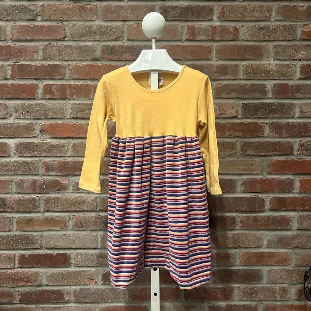 Corky’s Kids Girl’s Dress Size 4T, Yellow Cotton Top, Striped Velour Bottom